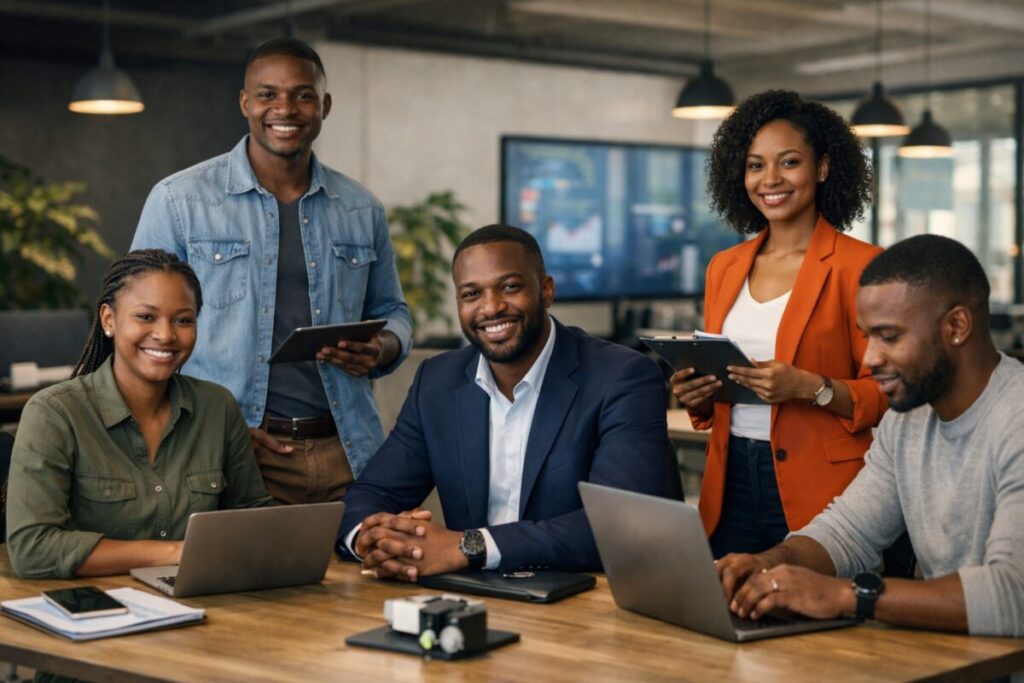 Equipo de fundadores africanos en un espacio tecnológico que representa el fondo de Chui Ventures y el crecimiento de startups africanas