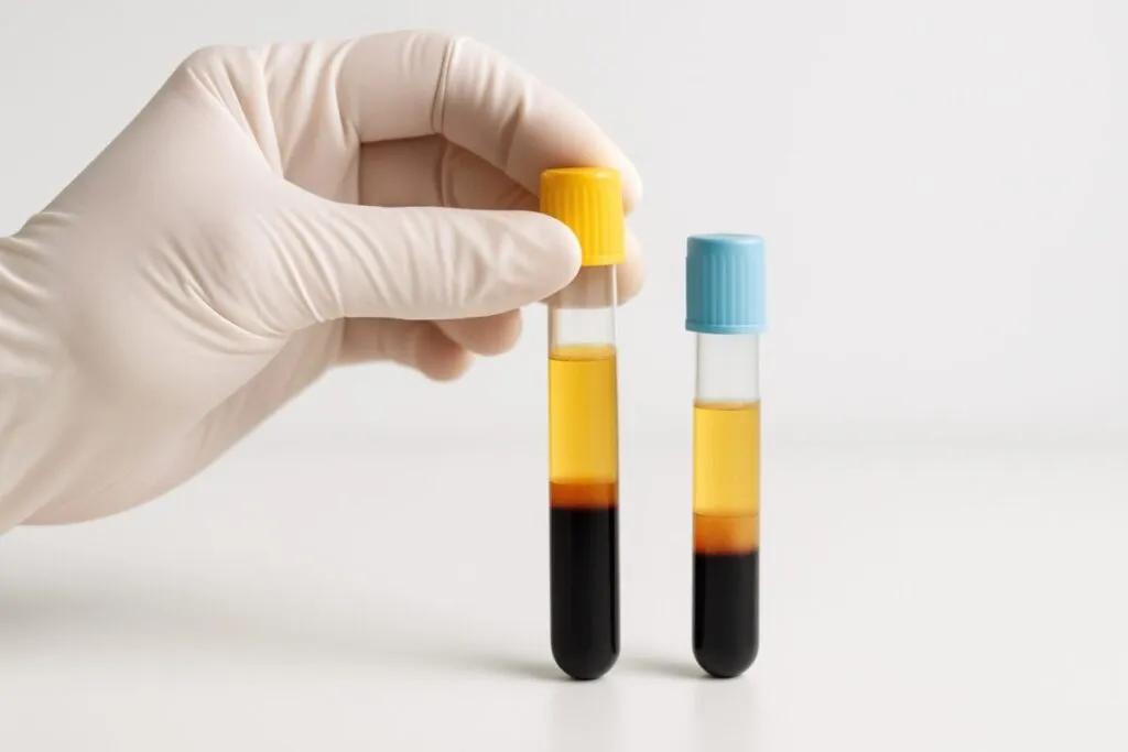 Dispositivo biomédico con sangre y plasma ilustrando terapia de intercambio de plasma para longevidad