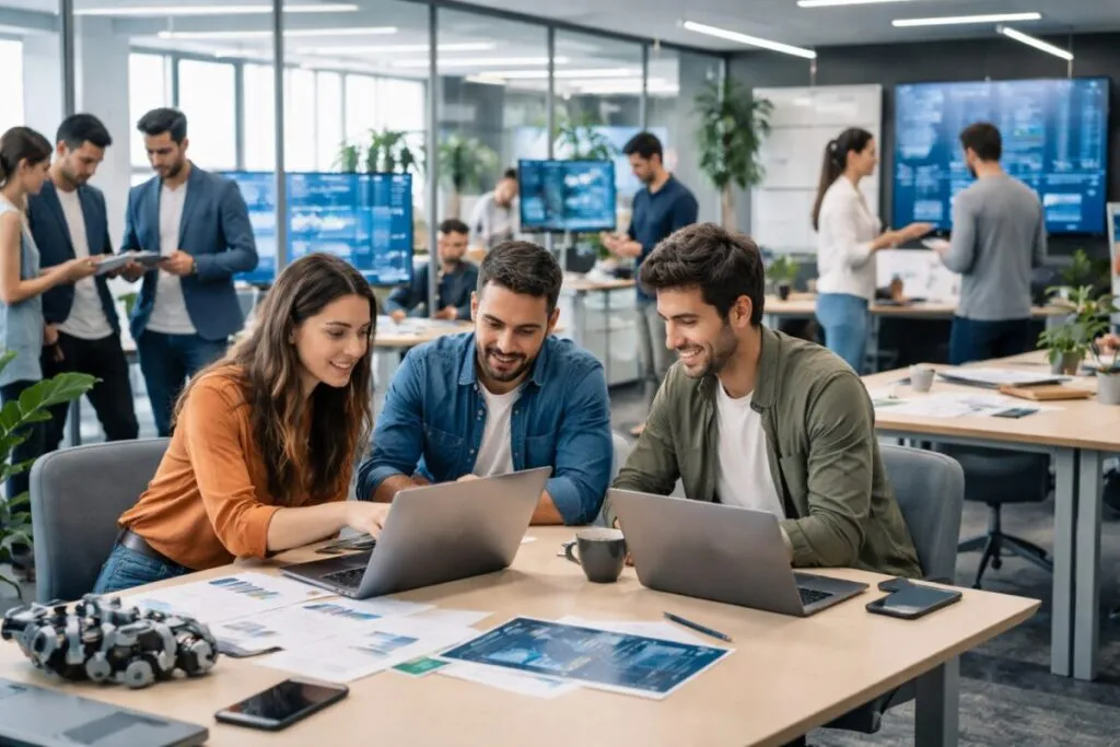 Startups chilenas seleccionadas por la aceleradora 100+ Labs colaborando en un entorno tecnológico y corporativo