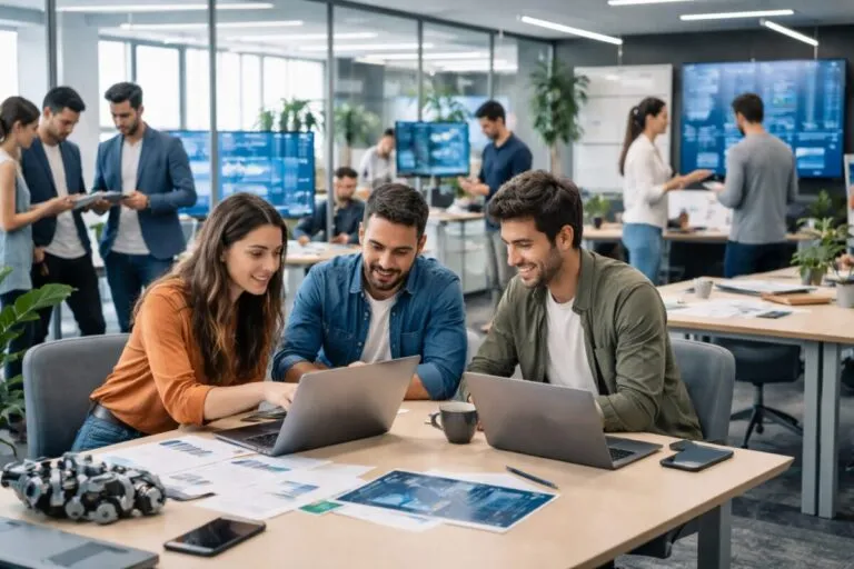 Startups chilenas seleccionadas por la aceleradora 100+ Labs colaborando en un entorno tecnológico y corporativo