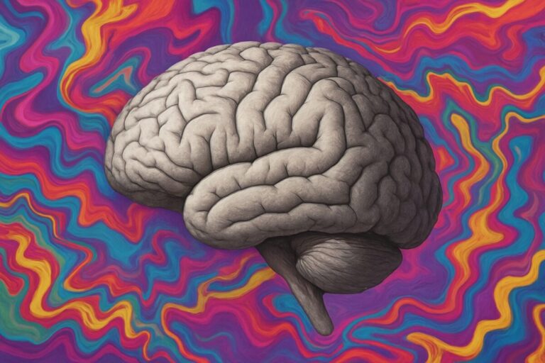 Ilustración de un cerebro humano con fondo psicodélico, relacionada con terapias psicodélicas en clínicas de México