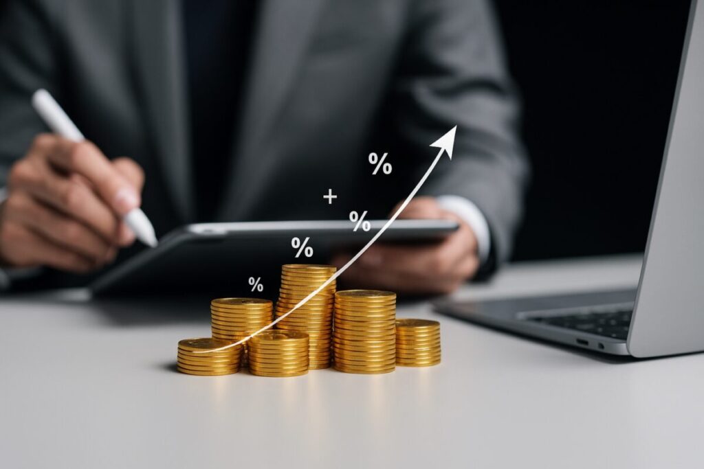 Fotografía realista de monedas apiladas representando el incremento salarial en México, con una persona de negocios al fondo