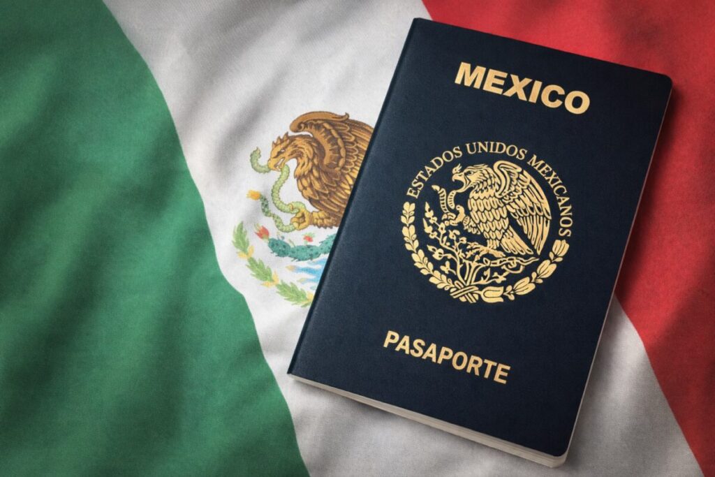 Pasaporte mexicano sobre bandera de México, simbolizando trámite de doble nacionalidad rápida y oficial