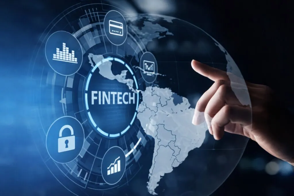 Gráfico conceptual sobre fintech en Latinoamérica, mostrando inclusión financiera y pagos internacionales con estilo profesional y moderno