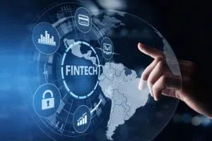 Gráfico conceptual sobre fintech en Latinoamérica, mostrando inclusión financiera y pagos internacionales con estilo profesional y moderno