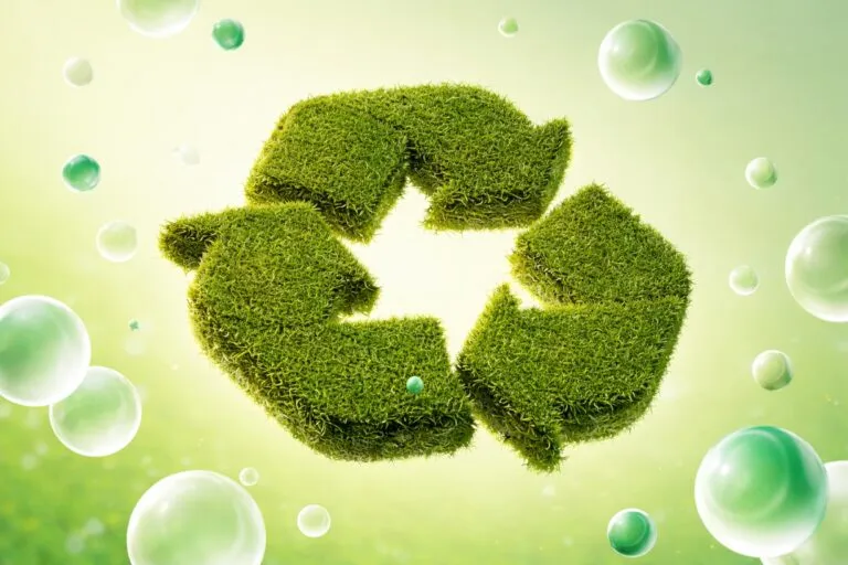 Símbolo de reciclaje cubierto de pasto, representando economía circular e innovación sostenible en el sur global