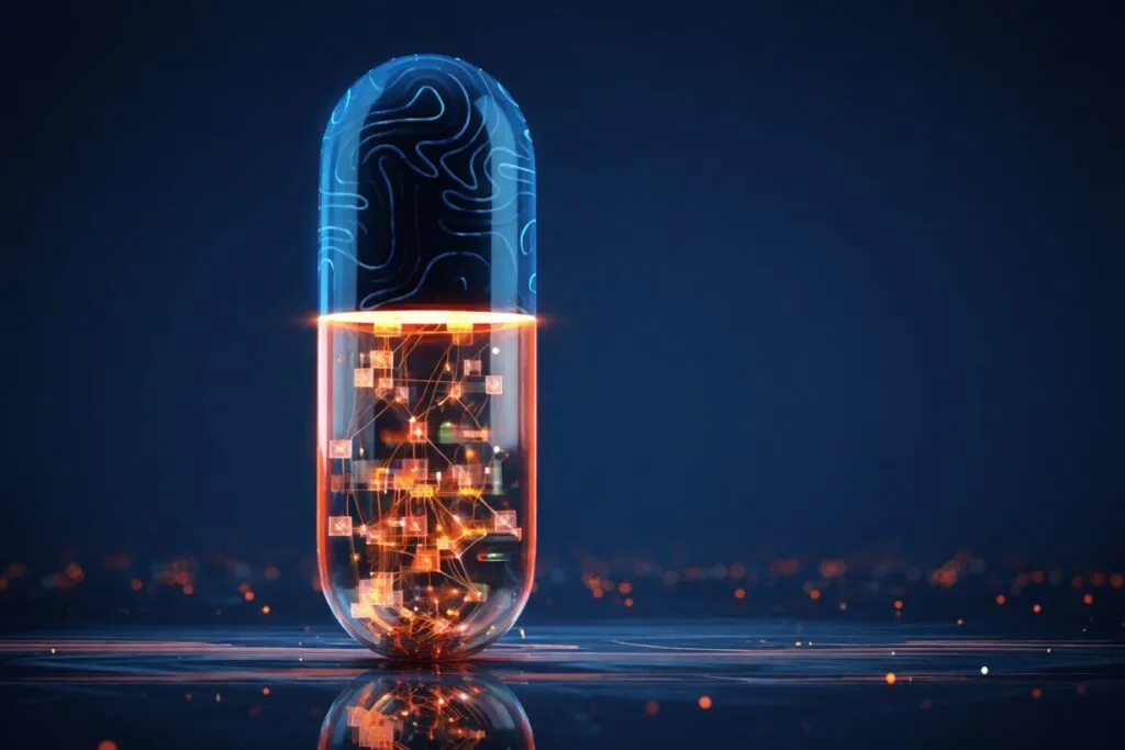 Innovación farmacéutica en España representada con cápsula digital, tecnología médica y datos de salud