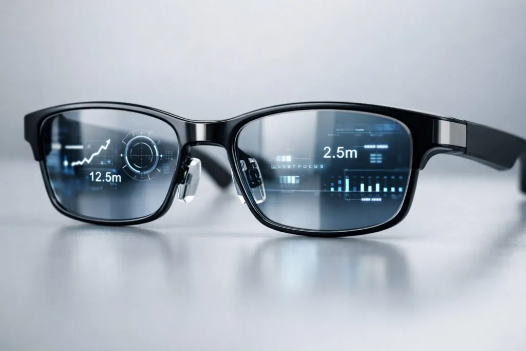 Primer plano de unas gafas inteligentes con autofocus mostrando interfaz digital en los lentes