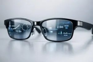 Primer plano de unas gafas inteligentes con autofocus mostrando interfaz digital en los lentes