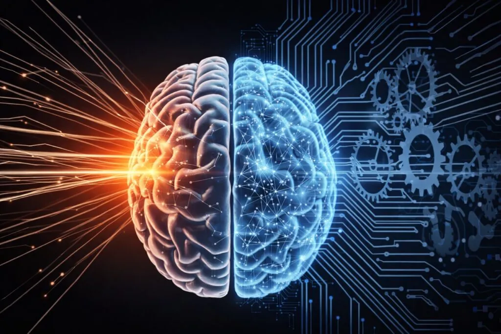 Representación conceptual de inteligencia artificial superando habilidades cognitivas humanas, con estilo editorial tecnológico moderno