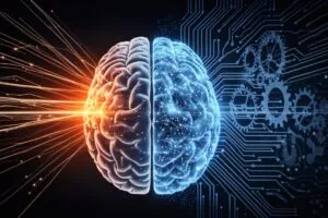 Representación conceptual de inteligencia artificial superando habilidades cognitivas humanas, con estilo editorial tecnológico moderno