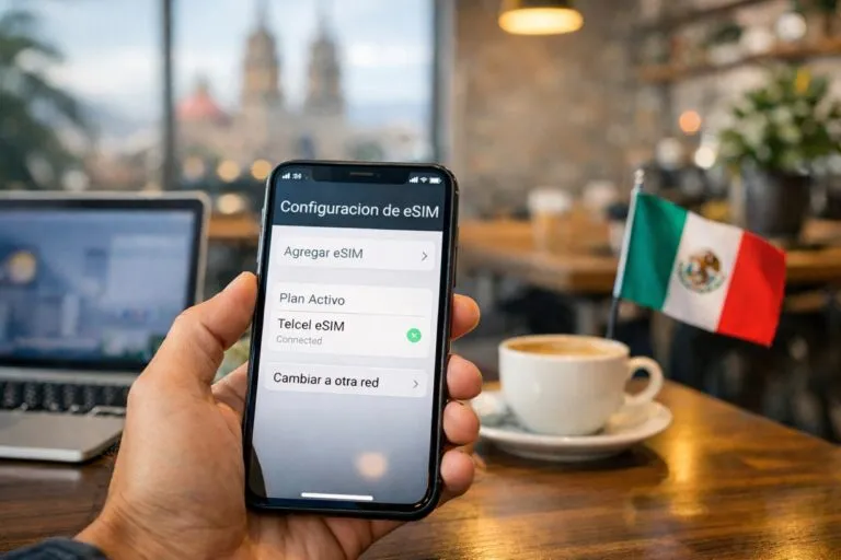 Dispositivo móvil en México mostrando configuración de eSIM, tecnología digital y conectividad inteligente