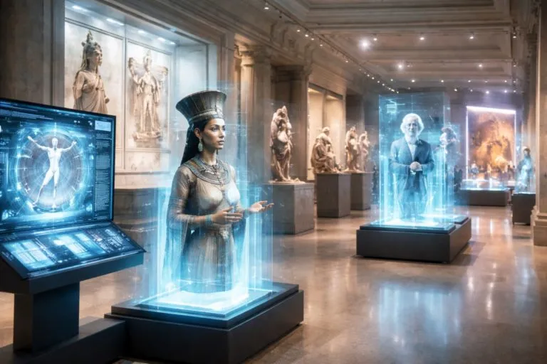 Sala de museo en Europa con hologramas e inteligencia artificial guiando a los visitantes