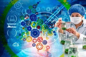 Científica trabaja en laboratorio rodeada de iconos tecnológicos y científicos, representando inversión en ciencia y tecnología en Zacatecas