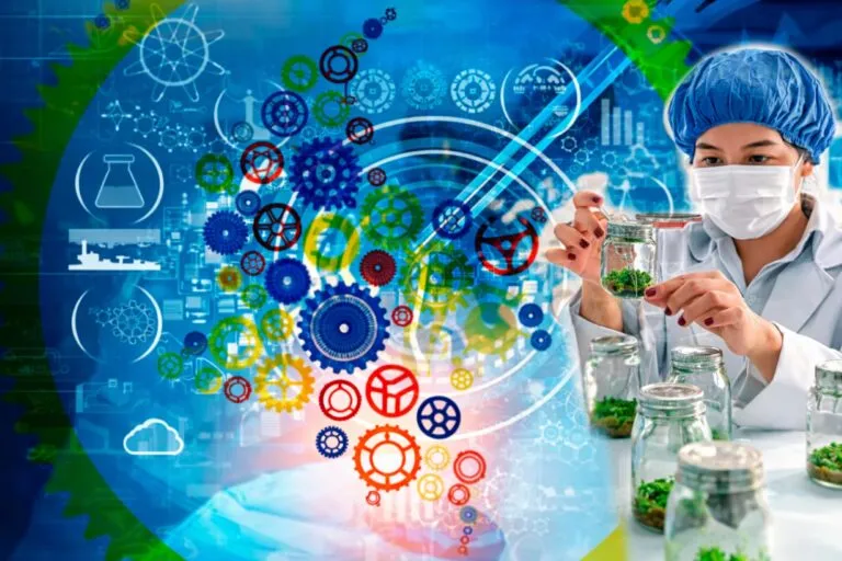 Científica trabaja en laboratorio rodeada de iconos tecnológicos y científicos, representando inversión en ciencia y tecnología en Zacatecas