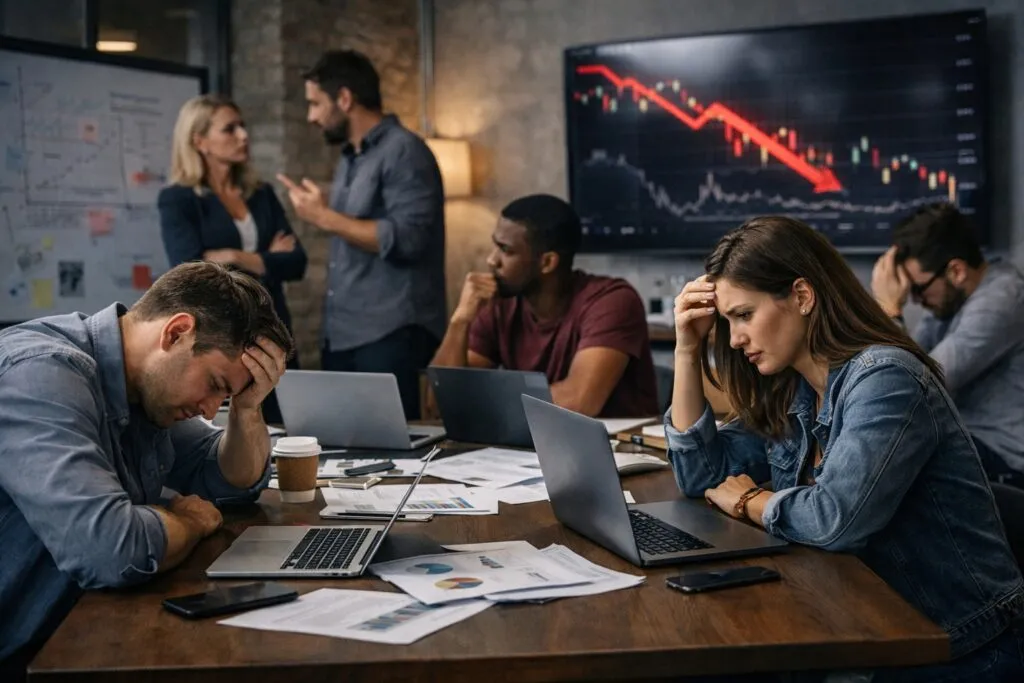 El fracaso de startups en Estados Unidos por errores de mercado, finanzas y equipo fundador interno.