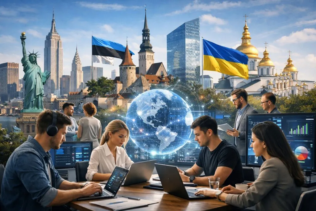 Ecosistema startup nation en Estados Unidos, Estonia y Ucrania con inversión, talento tecnológico y políticas públicas de innovación.
