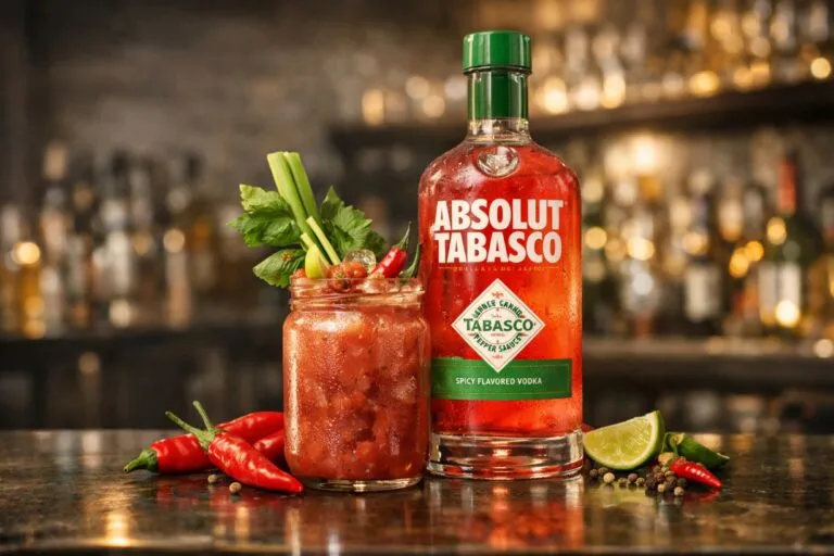 Botella de Absolut Tabasco en barra con chile rojo y cócteles que reflejan sabor picante