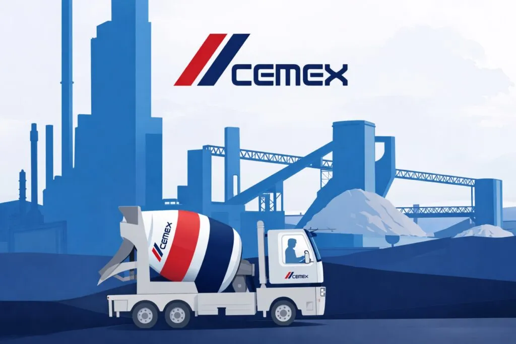 Ilustración editorial de planta de Cemex y camión mezclador, simbolizando economía circular e innovación industrial