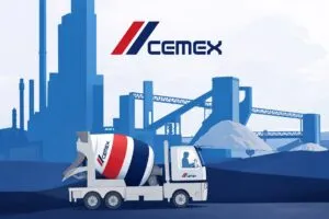 Ilustración editorial de planta de Cemex y camión mezclador, simbolizando economía circular e innovación industrial