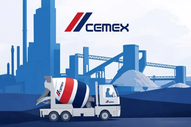 Ilustración editorial de planta de Cemex y camión mezclador, simbolizando economía circular e innovación industrial