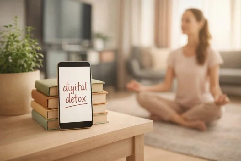 Persona haciendo meditación en casa mientras su celular permanece en modo digital detox, simbolizando enfoque y bienestar digital