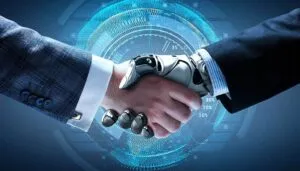 Profesional trabajando junto a sistemas de inteligencia artificial que representan el impacto de la IA en el empleo