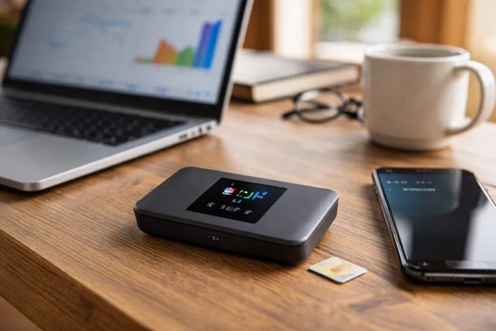 Router Mifi portátil con tarjeta SIM y pantalla OLED, sobre mesa de madera en uso