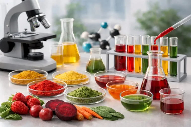 Ilustración editorial de colorantes naturales y procesos de innovación alimentaria con enfoque regulatorio en Estados Unidos.