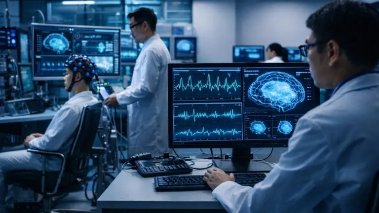 Laboratorio de industria BCI desarrollando interfaces cerebro computadora en entorno tecnológico avanzado