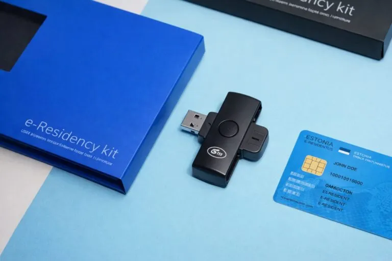 Kit oficial del programa e-residency de Estonia con tarjeta digital y lector USB para acceso fiscal y legal en la Unión Europea