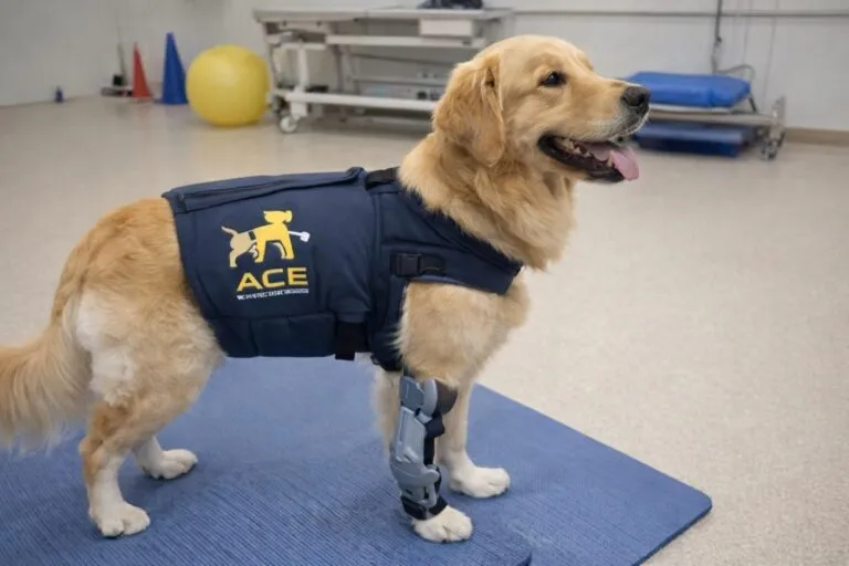 Animal con dispositivo ortopédico impreso en 3D diseñado con IA para mejorar movilidad y bienestar animal