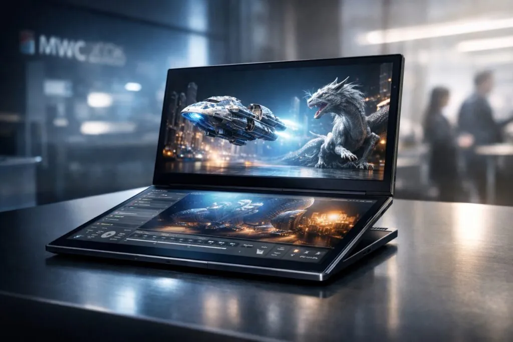 Laptop pantalla doble 3D Lenovo Yoga Book Pro 3D mostrando contenido tridimensional inmersivo