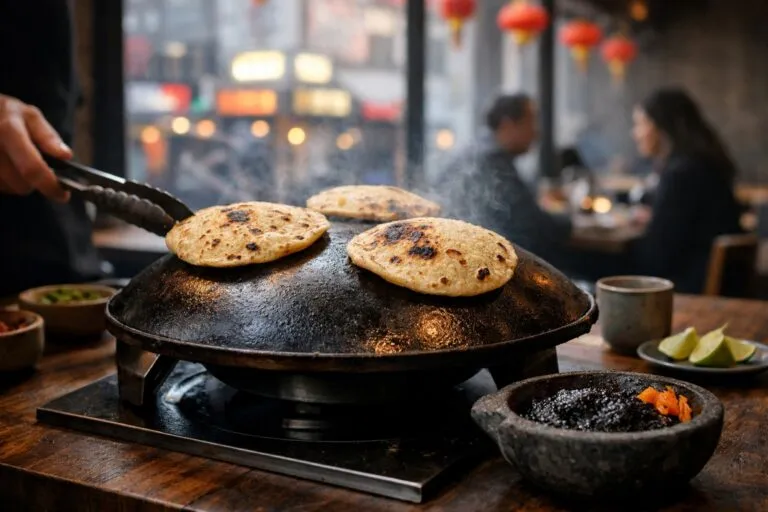 Plato de tortillas cocinadas en wok invertido con recado negro servido en restaurante Corima Nueva York