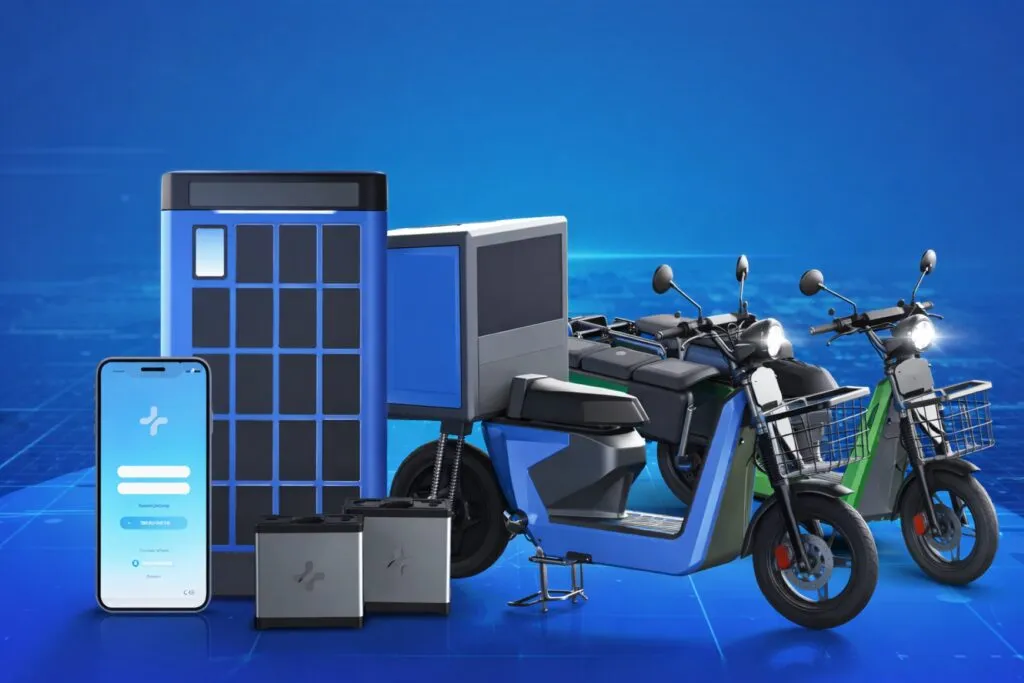 Motocicleta eléctrica Zeno con sistema battery swap en estación de intercambio mostrando movilidad eficiente