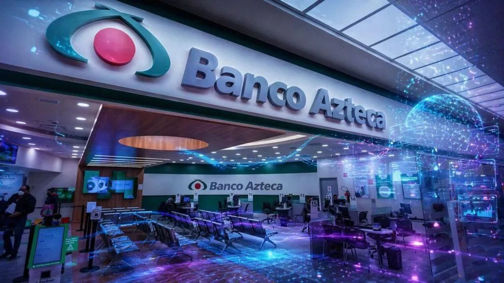 Sucursal de Banco Azteca en México transformada con elementos digitales futuristas, donde interfaces holográficas y flujos de datos representan el uso de inteligencia artificial para analizar búsquedas de usuarios y comportamiento financiero