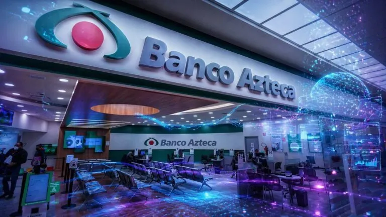 Sucursal de Banco Azteca en México transformada con elementos digitales futuristas, donde interfaces holográficas y flujos de datos representan el uso de inteligencia artificial para analizar búsquedas de usuarios y comportamiento financiero