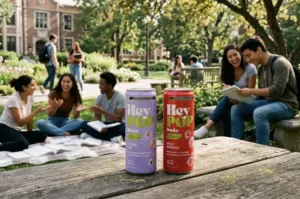 Jóvenes disfrutando HeyPOP en un ambiente urbano y moderno con frutas y colores vibrantes.