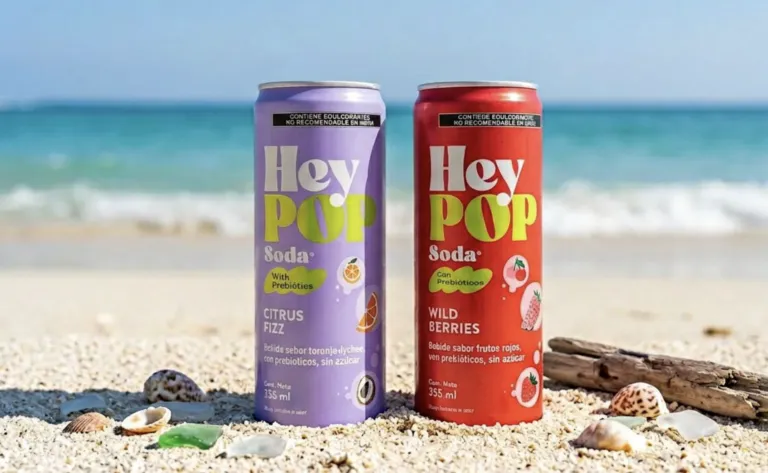 Latas de HeyPOP de AJEMEX cen un entorno moderno relacionado con bienestar y consumo saludable.