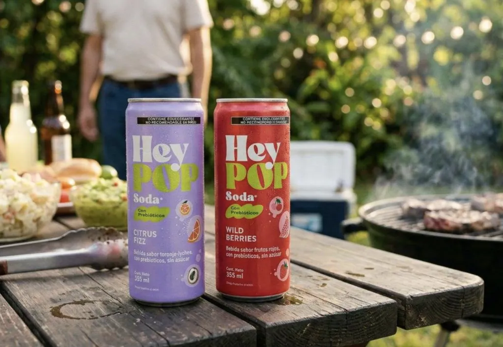 Latas de HeyPOP sabor Wild Berries y Citrus Fizz sobre una mesa en un entorno lifestyle contemporáneo.
