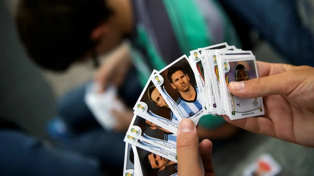Personas intercambiando estampas de futbol durante la fiebre del álbum del Mundial