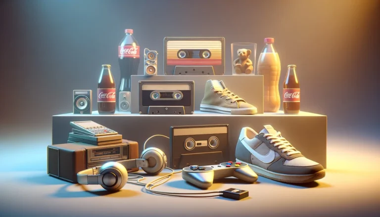 Objetos de distintas décadas como un cassette, una cámara digital de los 2000, un vinilo y una libreta sobre una mesa de madera.