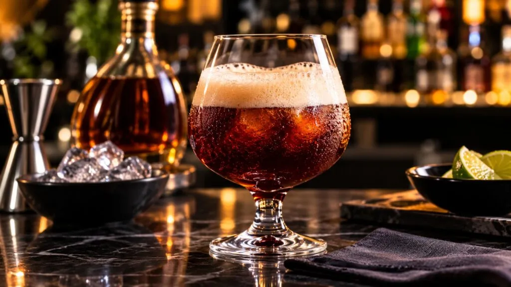 Copa de París de Noche preparada con brandy, refresco de cola y hielo como parte de la tradición de la coctelería mexicana.