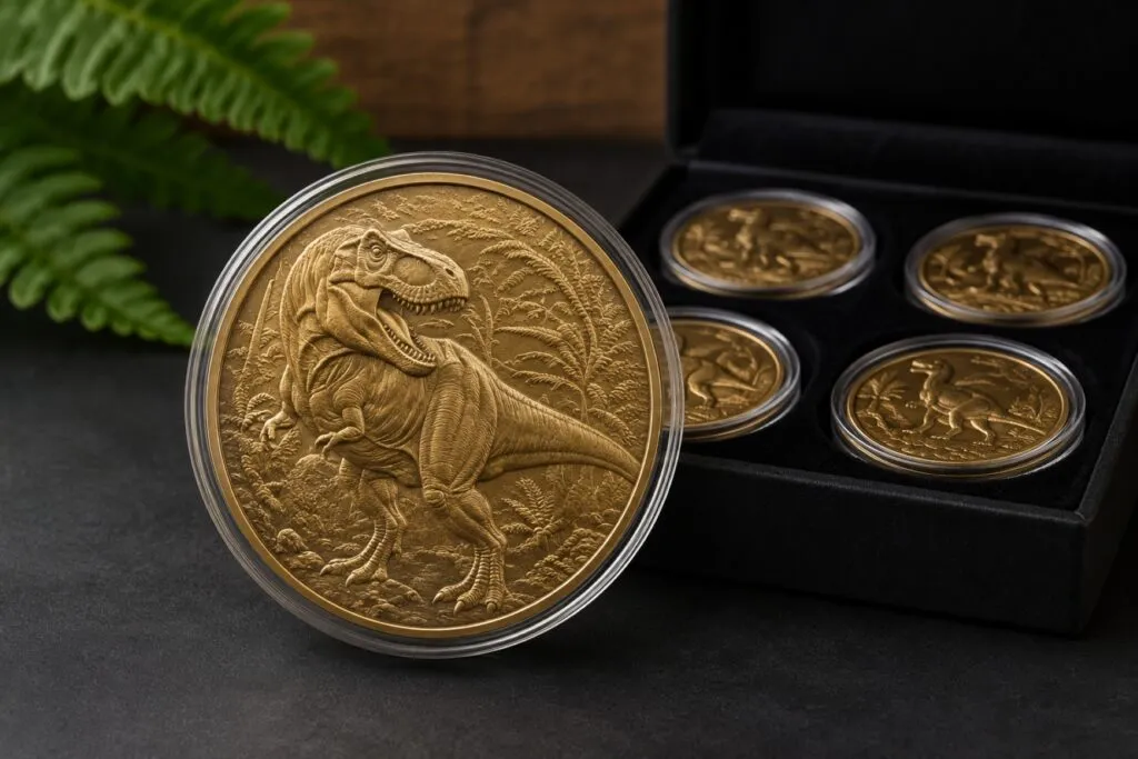 Medallas de dinosaurios de la Casa de Moneda disponibles para coleccionistas en México