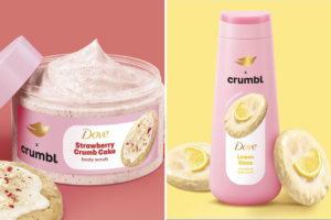 Productos de cuidado corporal Dove x Crumbl inspirados en los aromas de las populares galletas y postres de Crumbl.