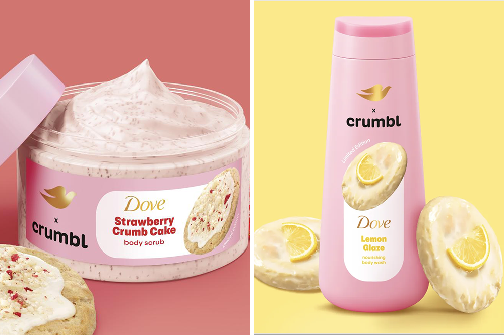 Productos de cuidado corporal Dove x Crumbl inspirados en los aromas de las populares galletas y postres de Crumbl.