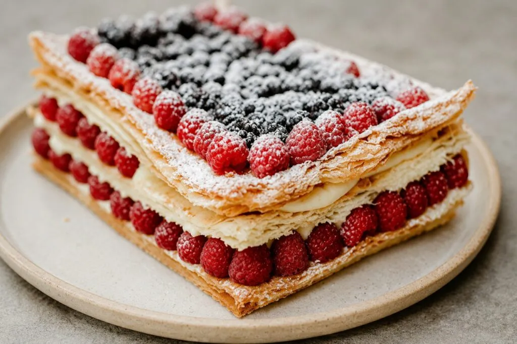 Pastel mil hojas en CDMX con hojaldre crujiente, relleno cremoso y frutos rojos