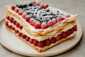 Pastel mil hojas en CDMX con hojaldre crujiente, relleno cremoso y frutos rojos