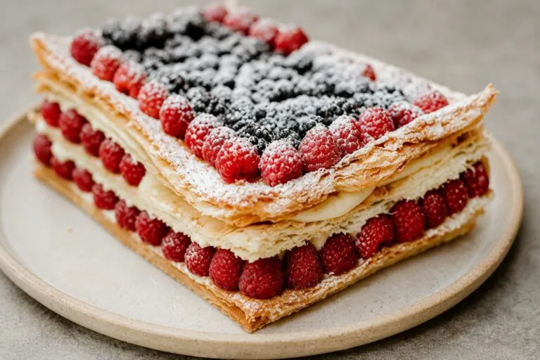 Pastel mil hojas en CDMX con hojaldre crujiente, relleno cremoso y frutos rojos