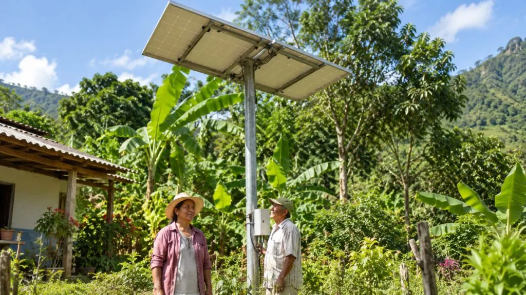 Paneles solares suministran electricidad continua y mejoran el bienestar de una comunidad rural de Colombia.